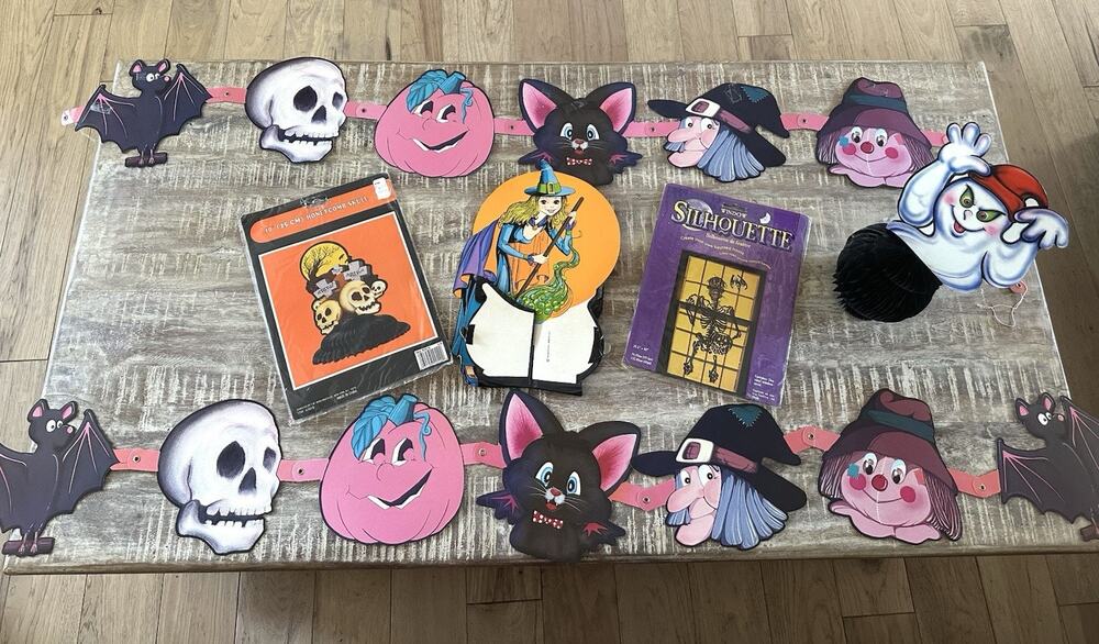 Vintage Die Cut Halloween 57" Wall Banners, Honeycomb, Window Cling Lot Of 6